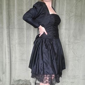 Vintage Strapless Black Glam Alt Goth Moto Mini Dress & Jacket 2 Piece Set